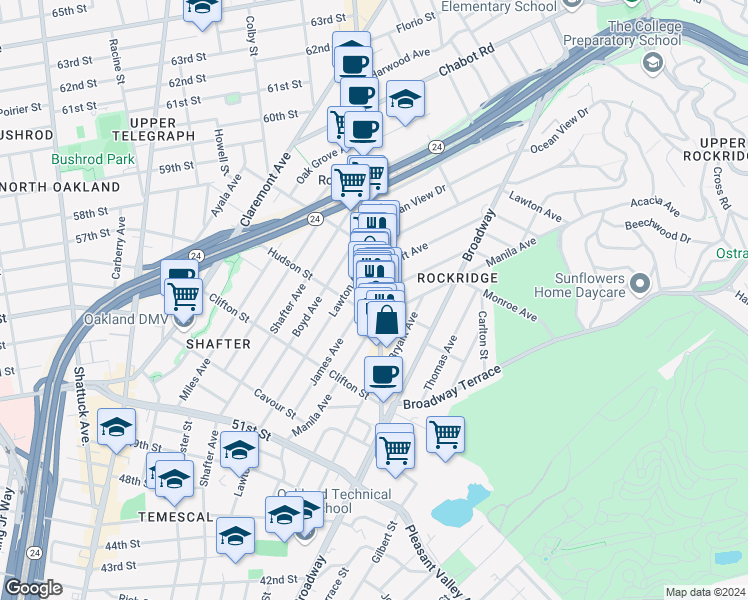 map of restaurants, bars, coffee shops, grocery stores, and more near 5413 College Avenue in Oakland