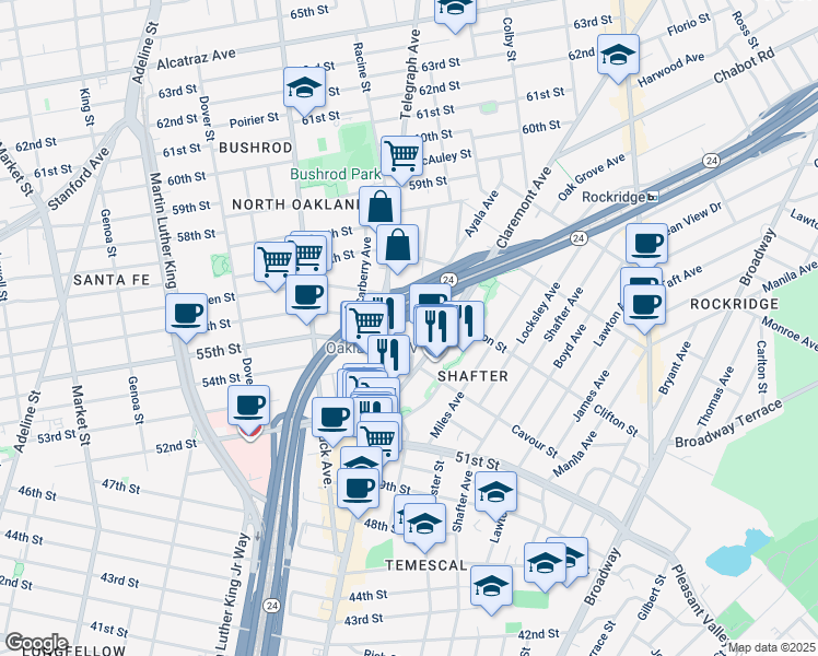 map of restaurants, bars, coffee shops, grocery stores, and more near 5524 Vicente Way in Oakland