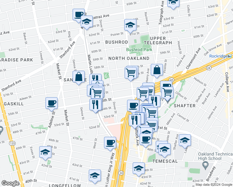 map of restaurants, bars, coffee shops, grocery stores, and more near 660 55th Street in Oakland
