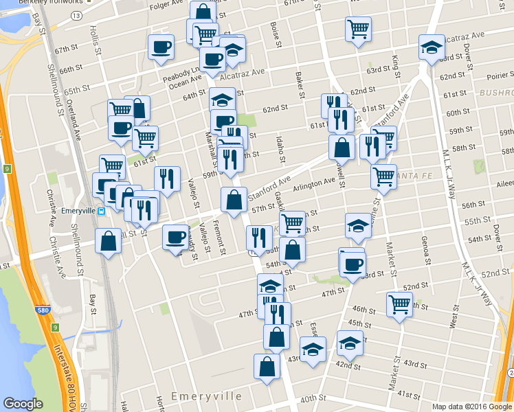 map of restaurants, bars, coffee shops, grocery stores, and more near 1073 57th Street in Oakland