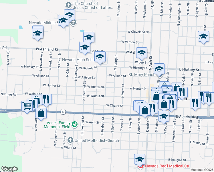 map of restaurants, bars, coffee shops, grocery stores, and more near 729 West Hunter Street in Nevada