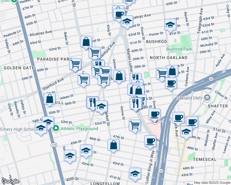 map of restaurants, bars, coffee shops, grocery stores, and more near 858 56th Street in Oakland