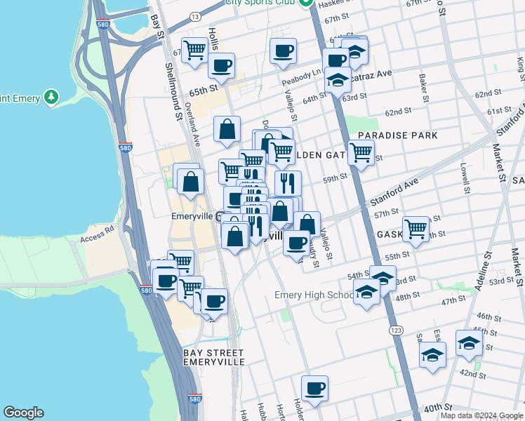 map of restaurants, bars, coffee shops, grocery stores, and more near 5812 Hollis Street in Emeryville