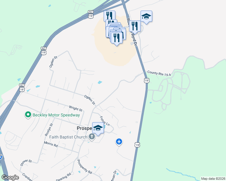 map of restaurants, bars, coffee shops, grocery stores, and more near 681 Prosperity Road in Mount Hope