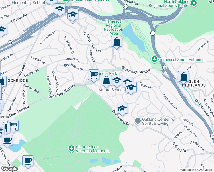 map of restaurants, bars, coffee shops, grocery stores, and more near 31 Wilding Lane in Oakland