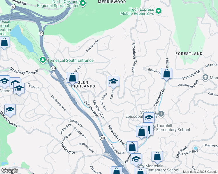 map of restaurants, bars, coffee shops, grocery stores, and more near 143 Taurus Avenue in Oakland