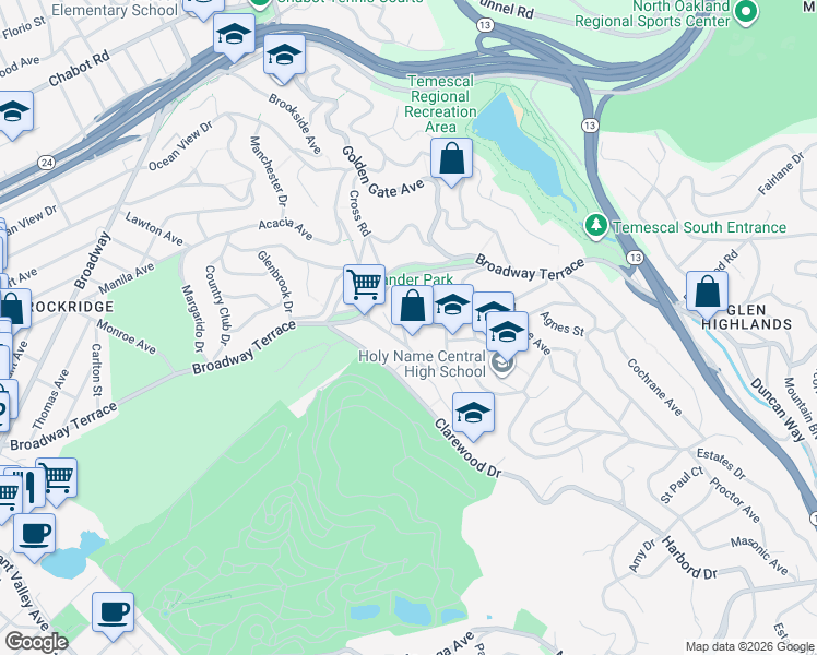 map of restaurants, bars, coffee shops, grocery stores, and more near 21 Buckeye Avenue in Oakland