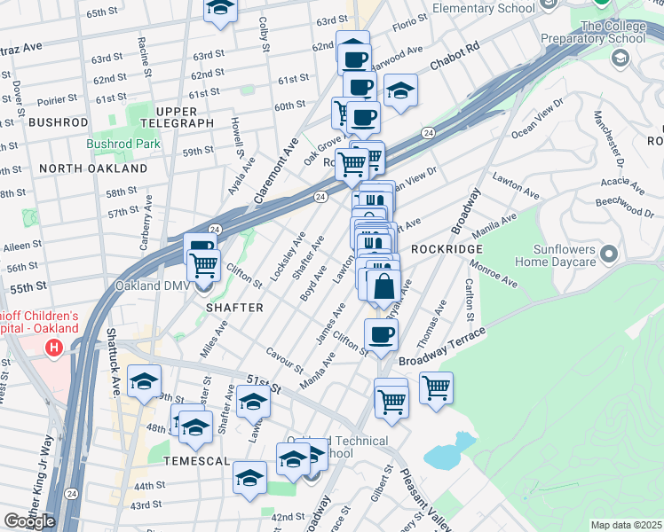 map of restaurants, bars, coffee shops, grocery stores, and more near 5370 Lawton Avenue in Oakland