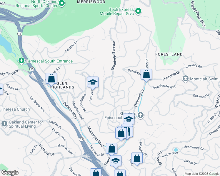 map of restaurants, bars, coffee shops, grocery stores, and more near 6141 Merriewood Drive in Oakland