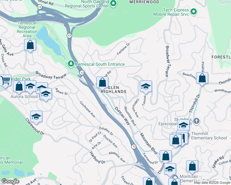 map of restaurants, bars, coffee shops, grocery stores, and more near 938 Leo Way in Oakland