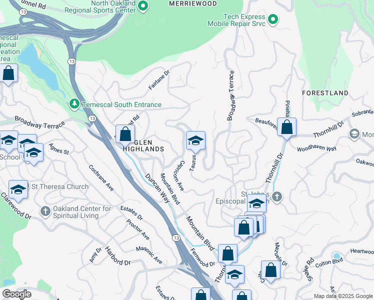 map of restaurants, bars, coffee shops, grocery stores, and more near 7023 Broadway Terrace in Oakland