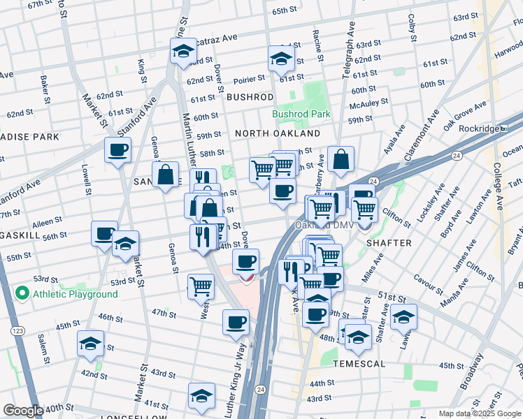 map of restaurants, bars, coffee shops, grocery stores, and more near 660 55th Street in Oakland