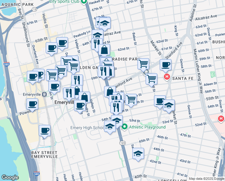 map of restaurants, bars, coffee shops, grocery stores, and more near in Oakland