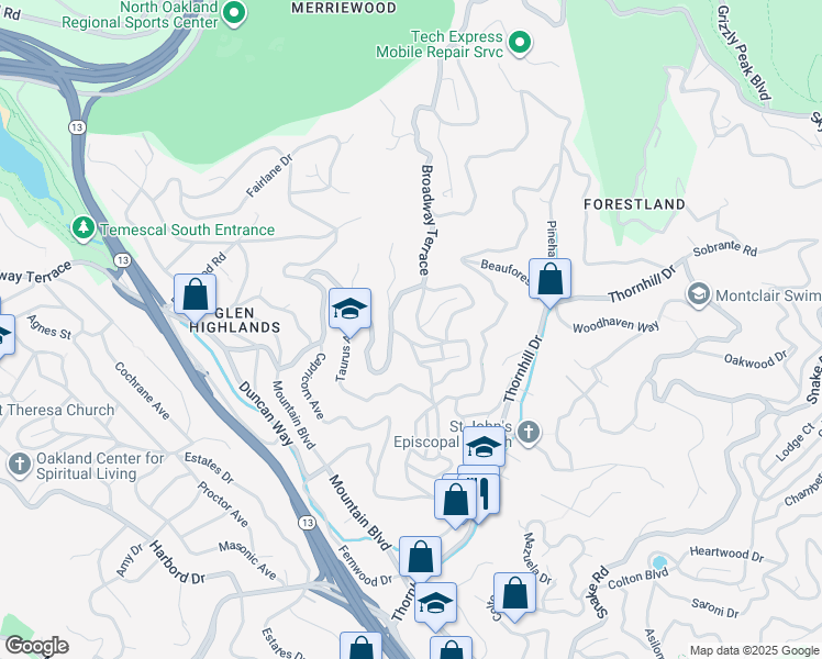 map of restaurants, bars, coffee shops, grocery stores, and more near 6141 Merriewood Drive in Oakland