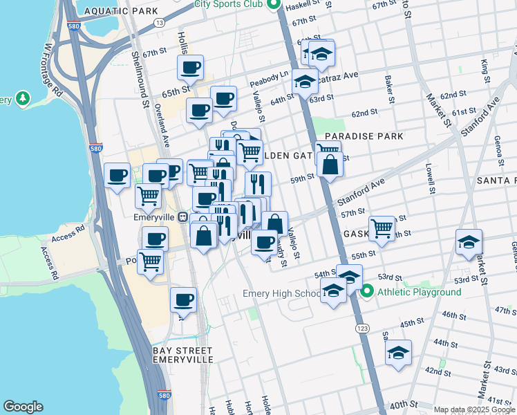 map of restaurants, bars, coffee shops, grocery stores, and more near in Emeryville