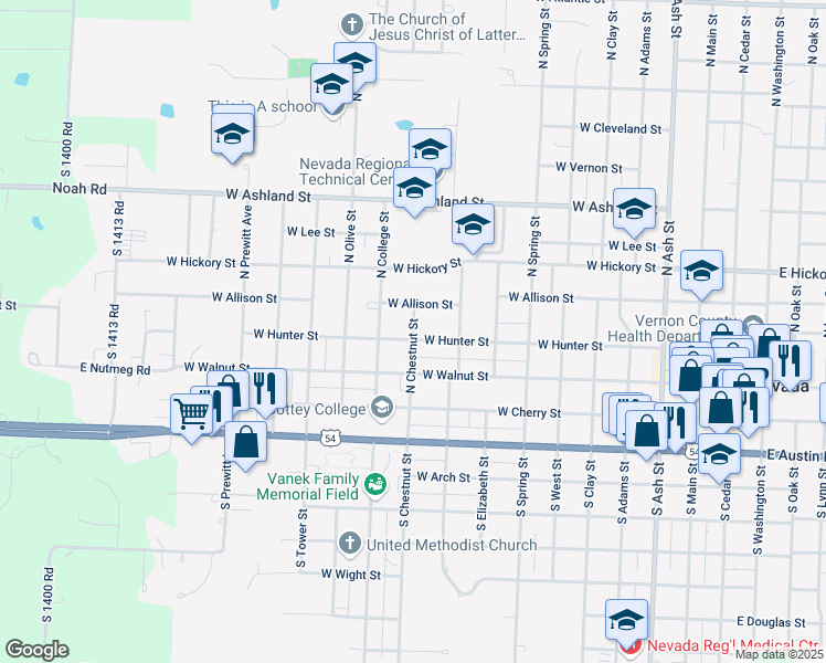 map of restaurants, bars, coffee shops, grocery stores, and more near 1005 West Hunter Street in Nevada
