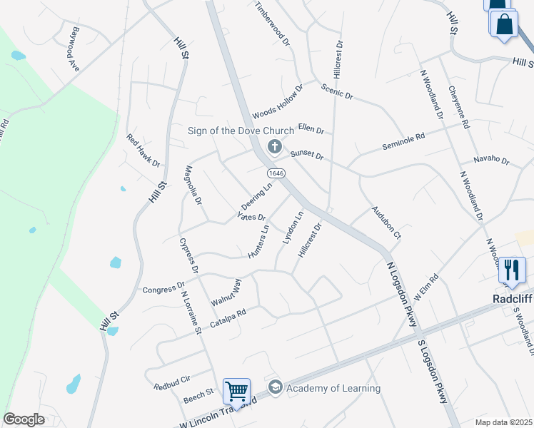 map of restaurants, bars, coffee shops, grocery stores, and more near 575 Yates Drive in Radcliff