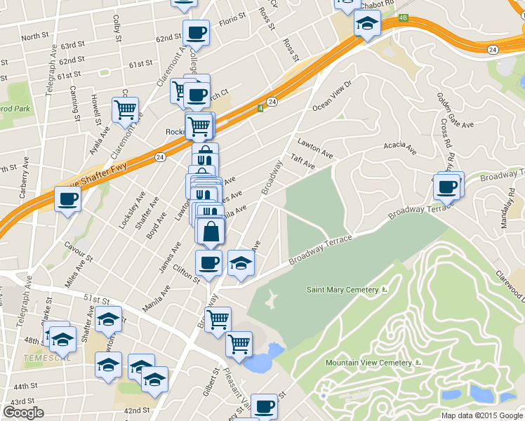 map of restaurants, bars, coffee shops, grocery stores, and more near 5540 Broadway in Oakland