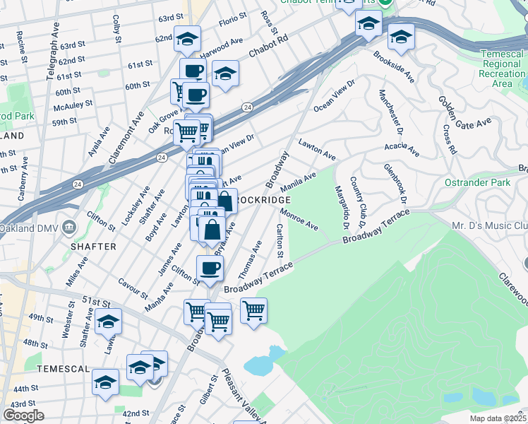 map of restaurants, bars, coffee shops, grocery stores, and more near 5540 Broadway in Oakland