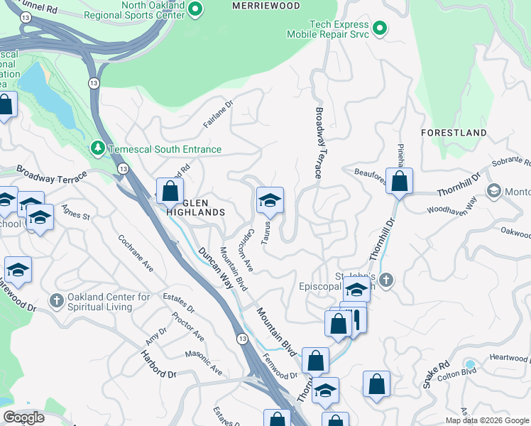 map of restaurants, bars, coffee shops, grocery stores, and more near 123 Taurus Avenue in Oakland