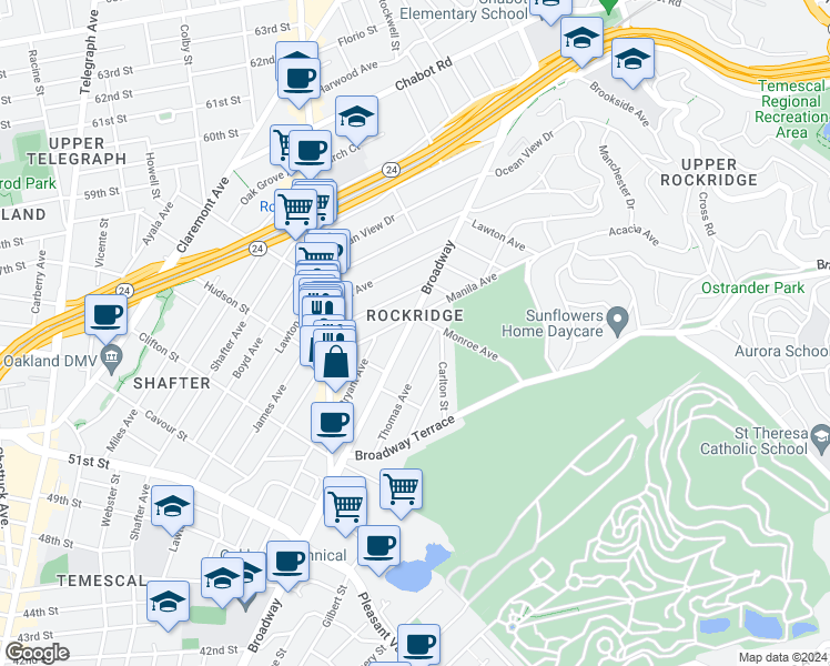 map of restaurants, bars, coffee shops, grocery stores, and more near 5540 Broadway in Oakland