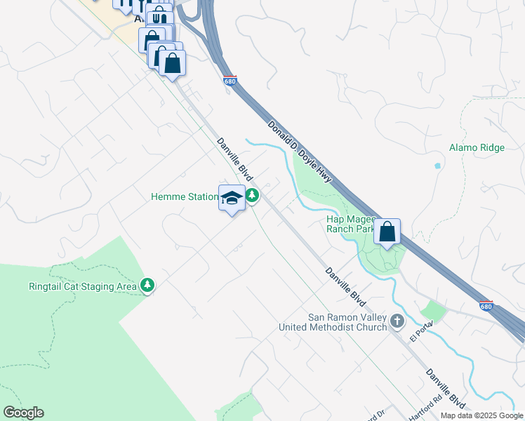 map of restaurants, bars, coffee shops, grocery stores, and more near 19 Johnston Lane in Alamo