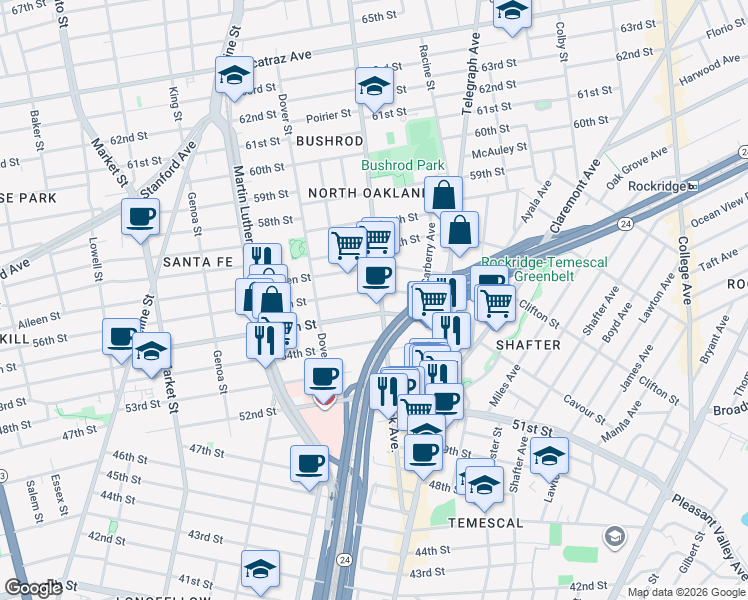 map of restaurants, bars, coffee shops, grocery stores, and more near 600 55th Street in Oakland