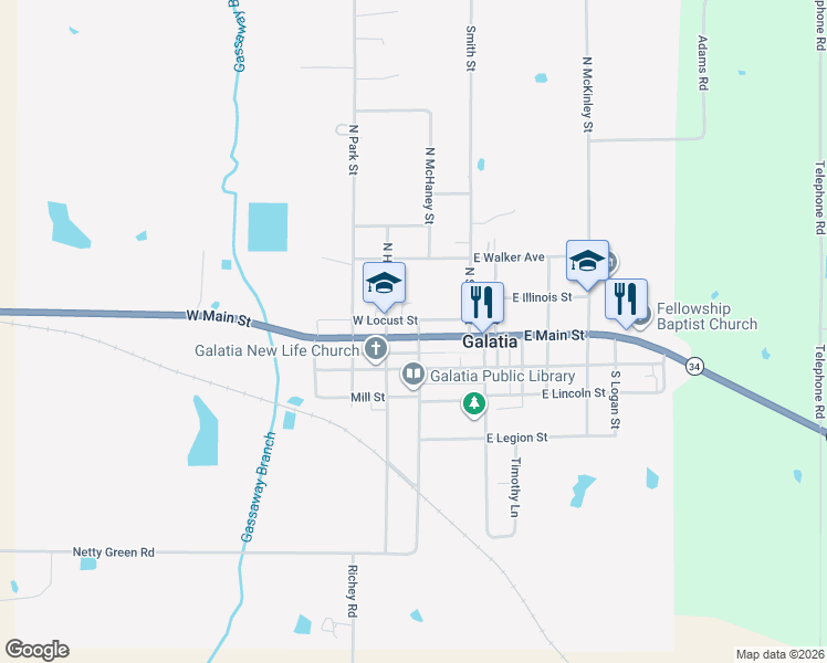 map of restaurants, bars, coffee shops, grocery stores, and more near 119-141 West Main Street in Galatia