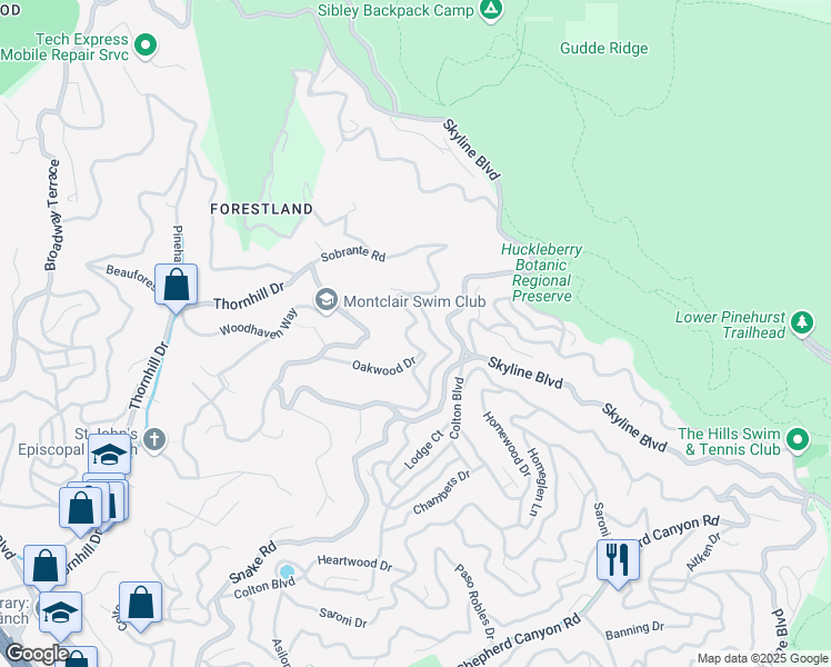map of restaurants, bars, coffee shops, grocery stores, and more near 6590 Oakwood Drive in Oakland