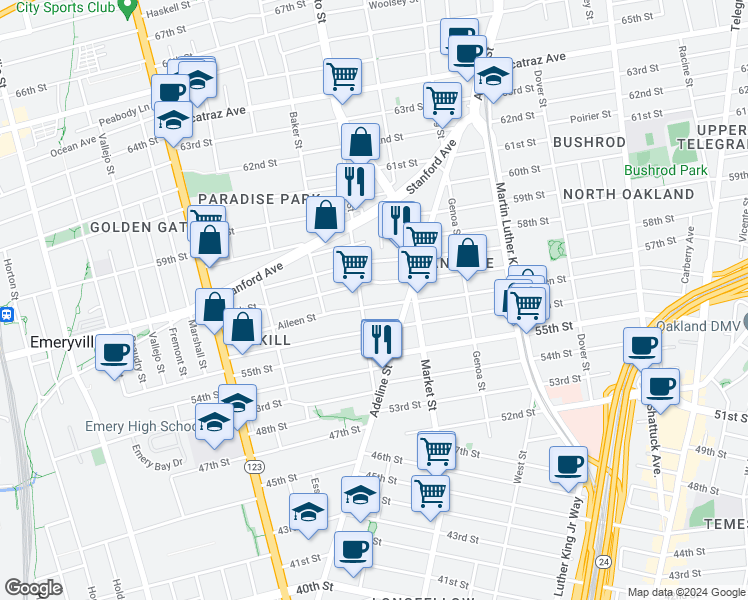 map of restaurants, bars, coffee shops, grocery stores, and more near 938 Aileen Street in Oakland