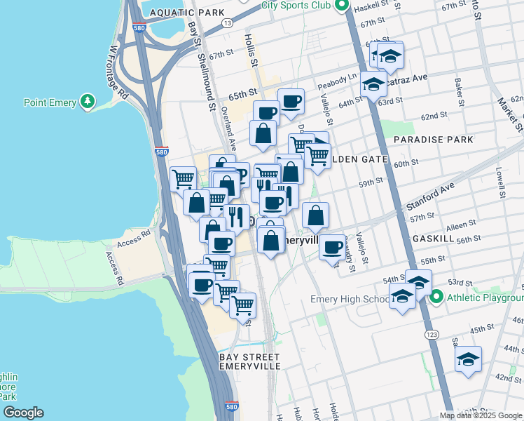 map of restaurants, bars, coffee shops, grocery stores, and more near 5959 Horton Street in Emeryville