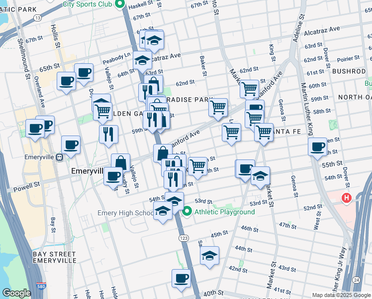 map of restaurants, bars, coffee shops, grocery stores, and more near 5709 Gaskill Street in Oakland
