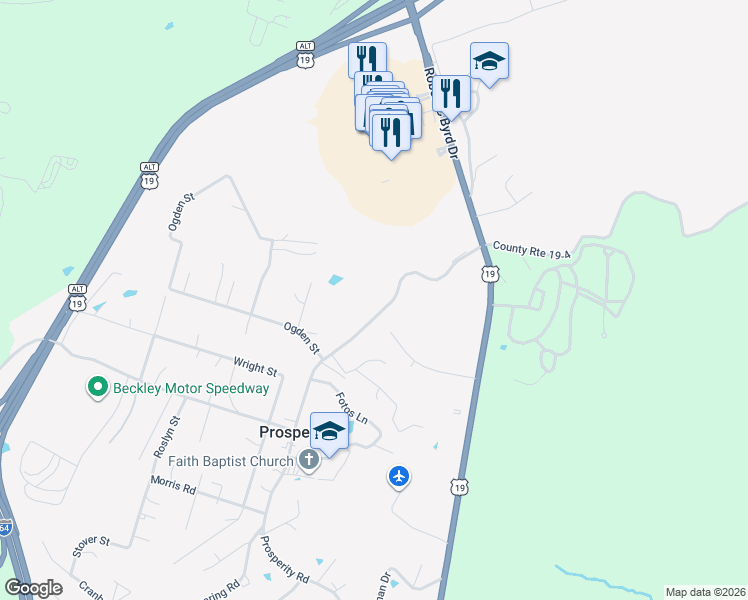 map of restaurants, bars, coffee shops, grocery stores, and more near 681 Prosperity Road in Mount Hope