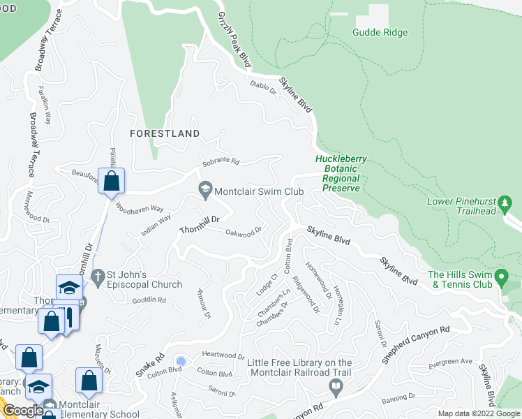 map of restaurants, bars, coffee shops, grocery stores, and more near 6590 Oakwood Drive in Oakland