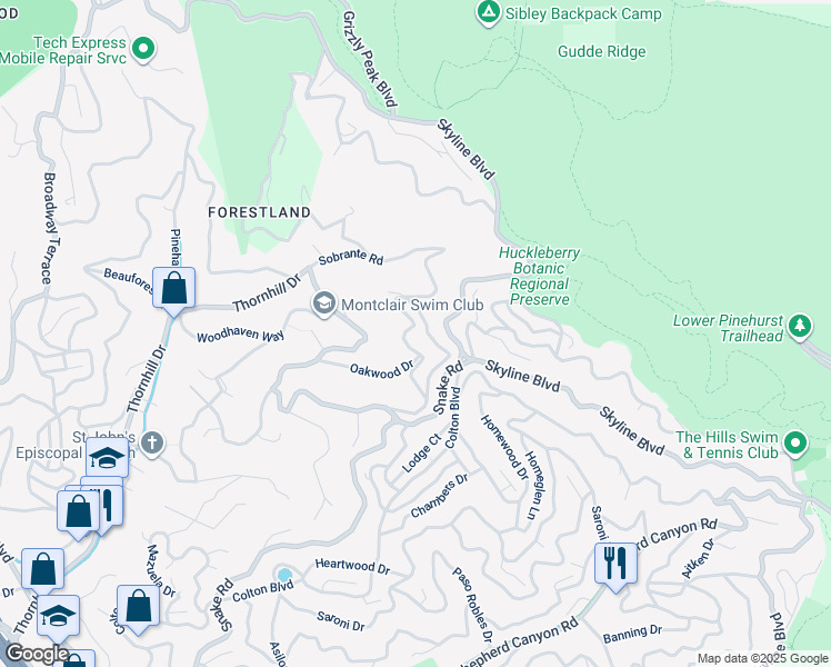 map of restaurants, bars, coffee shops, grocery stores, and more near 6590 Oakwood Drive in Oakland