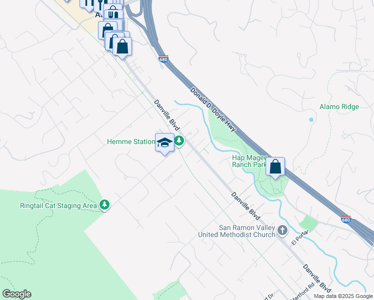 map of restaurants, bars, coffee shops, grocery stores, and more near 1181 Danville Boulevard in Alamo