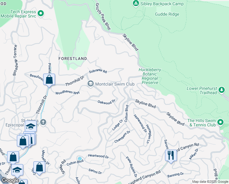 map of restaurants, bars, coffee shops, grocery stores, and more near 6590 Oakwood Drive in Oakland