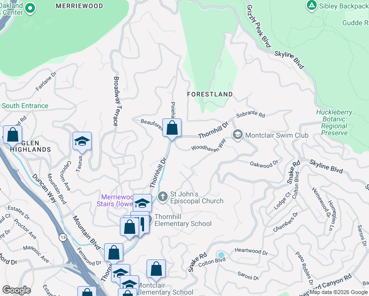 map of restaurants, bars, coffee shops, grocery stores, and more near 1707 Woodhaven Way in Oakland