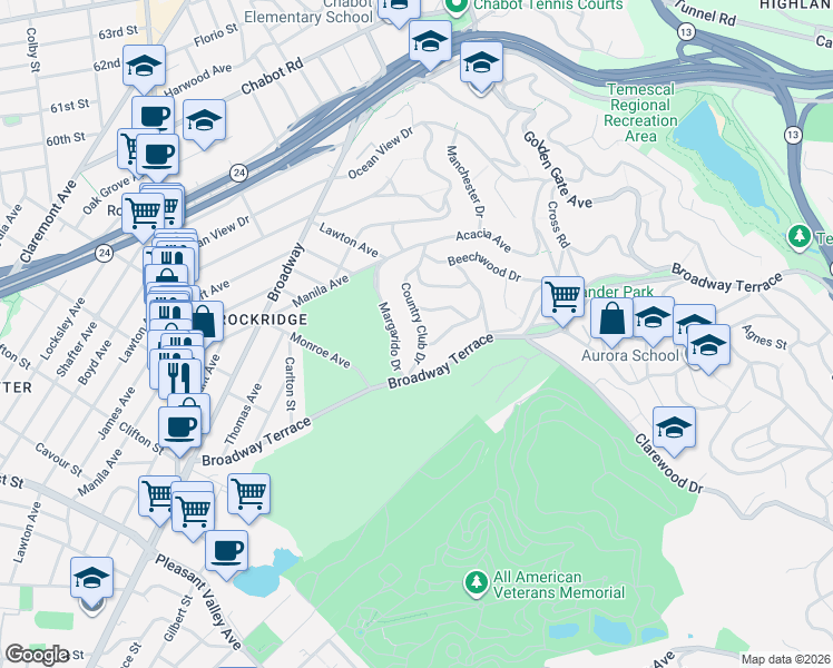 map of restaurants, bars, coffee shops, grocery stores, and more near 5620 Margarido Drive in Oakland