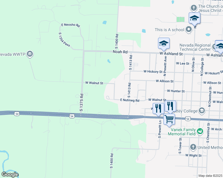 map of restaurants, bars, coffee shops, grocery stores, and more near 180 Walnut Street in Nevada
