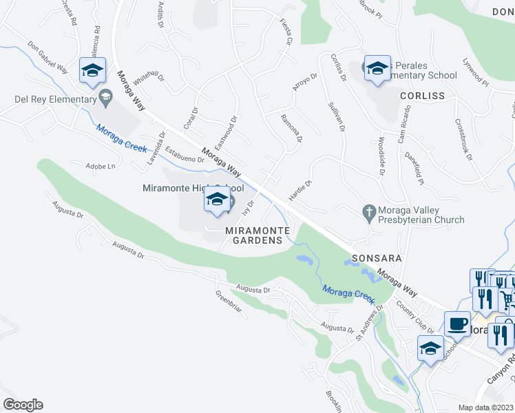map of restaurants, bars, coffee shops, grocery stores, and more near 18 Miramonte Drive in Moraga