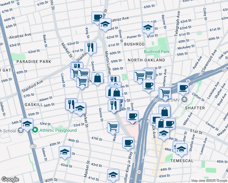 map of restaurants, bars, coffee shops, grocery stores, and more near 5536 Martin Luther King Junior Way in Oakland