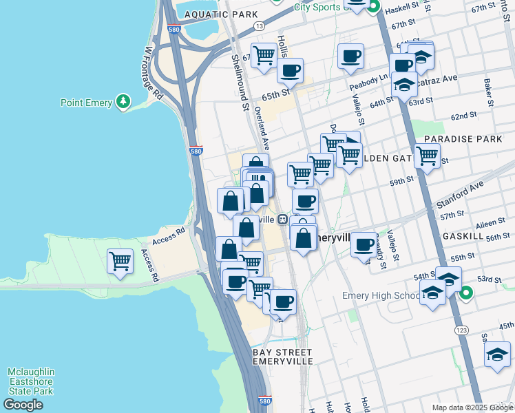 map of restaurants, bars, coffee shops, grocery stores, and more near 5959 Shellmound Street in Emeryville