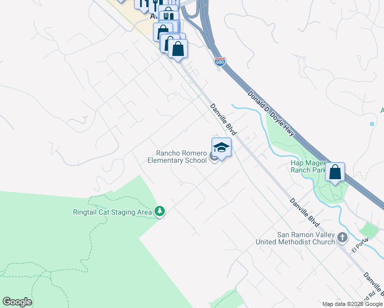 map of restaurants, bars, coffee shops, grocery stores, and more near 12 La Sonoma Court in Alamo