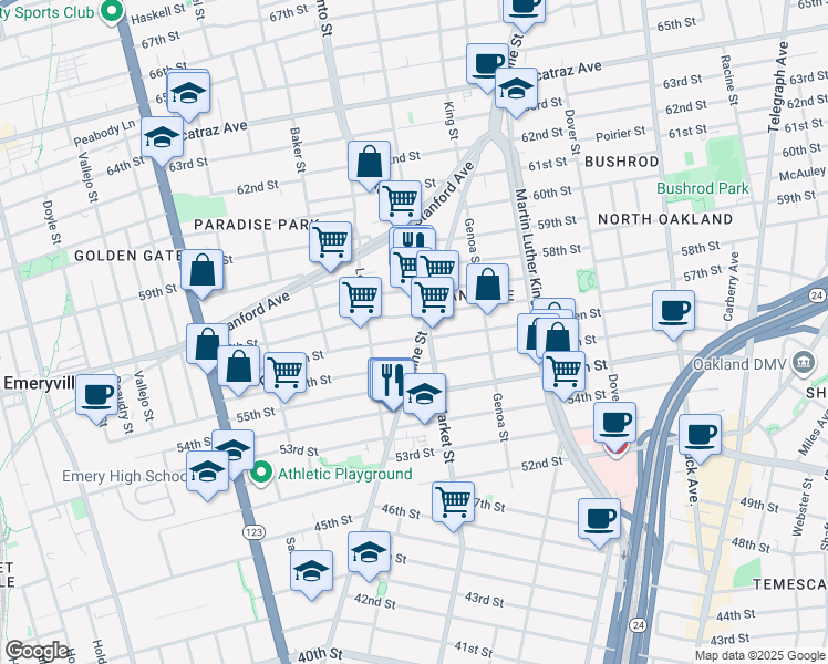 map of restaurants, bars, coffee shops, grocery stores, and more near 917 Aileen Street in Oakland