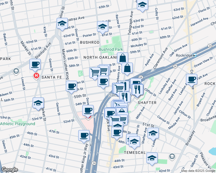 map of restaurants, bars, coffee shops, grocery stores, and more near 584 55th Street in Oakland