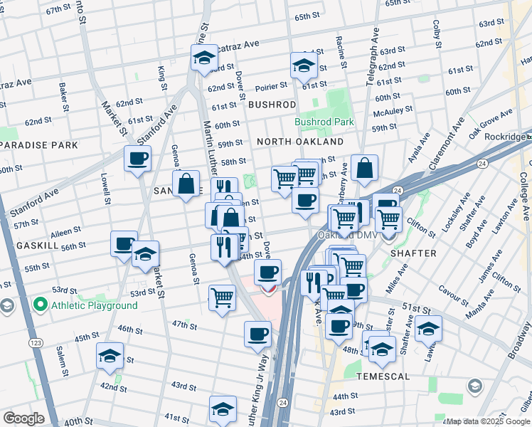 map of restaurants, bars, coffee shops, grocery stores, and more near 660 55th Street in Oakland