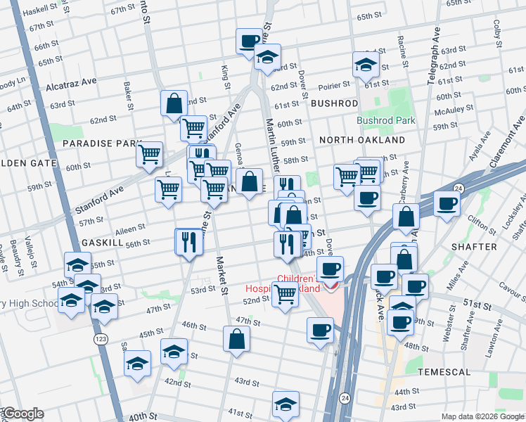 map of restaurants, bars, coffee shops, grocery stores, and more near 832 56th Street in Oakland