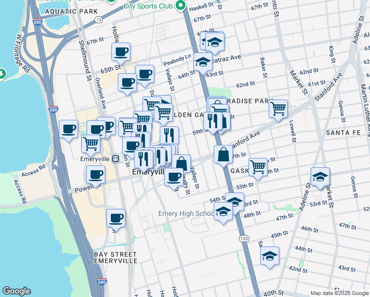 map of restaurants, bars, coffee shops, grocery stores, and more near 1240 Powell Street in Emeryville