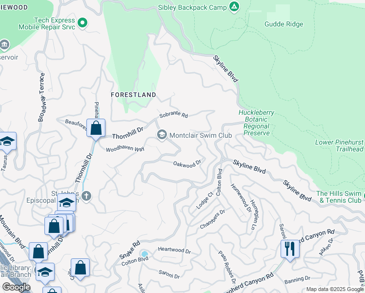 map of restaurants, bars, coffee shops, grocery stores, and more near 6663 Thornhill Drive in Oakland